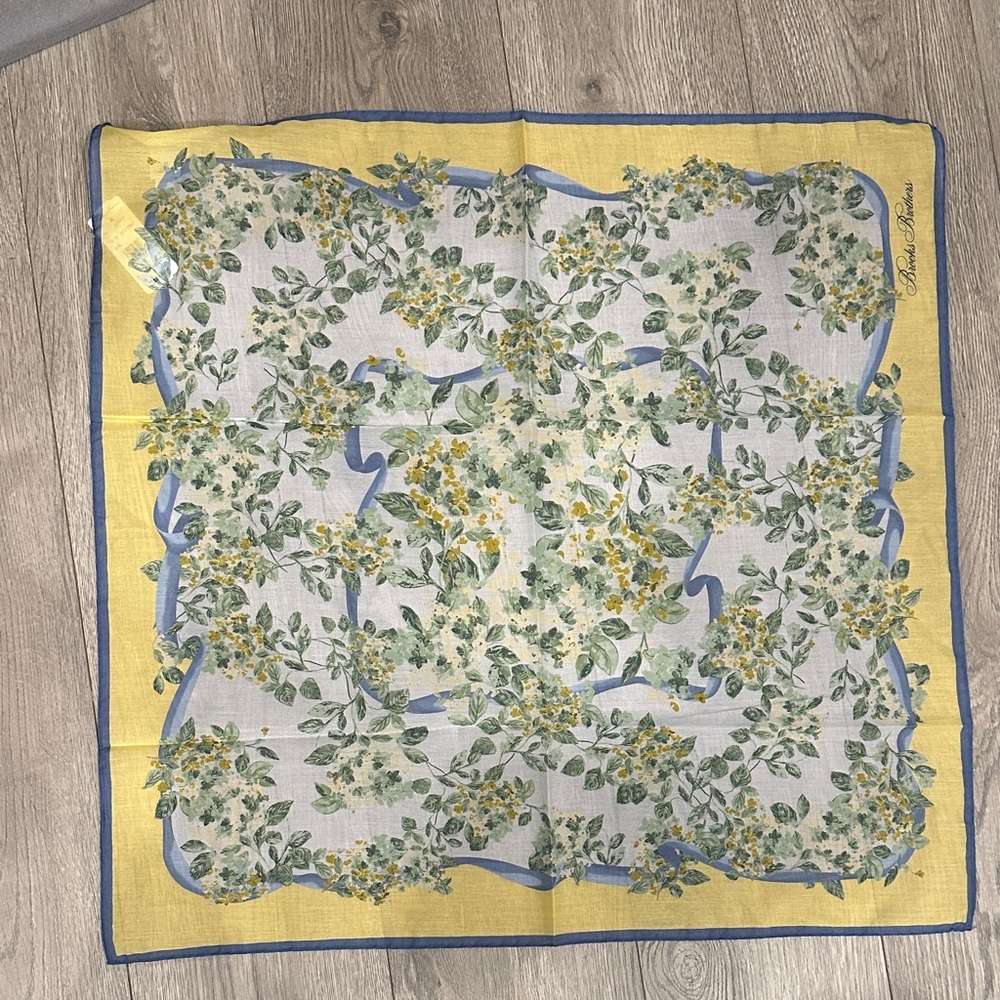 NWT Brooks Brothers Silk and Cotton Floral Yellow & Blue Square Scarf